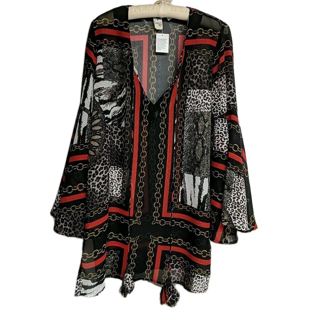 Violet Sky Top Women Medium  Cover Up Glam Cruise Tunic Tassels Black Fan Sleeve